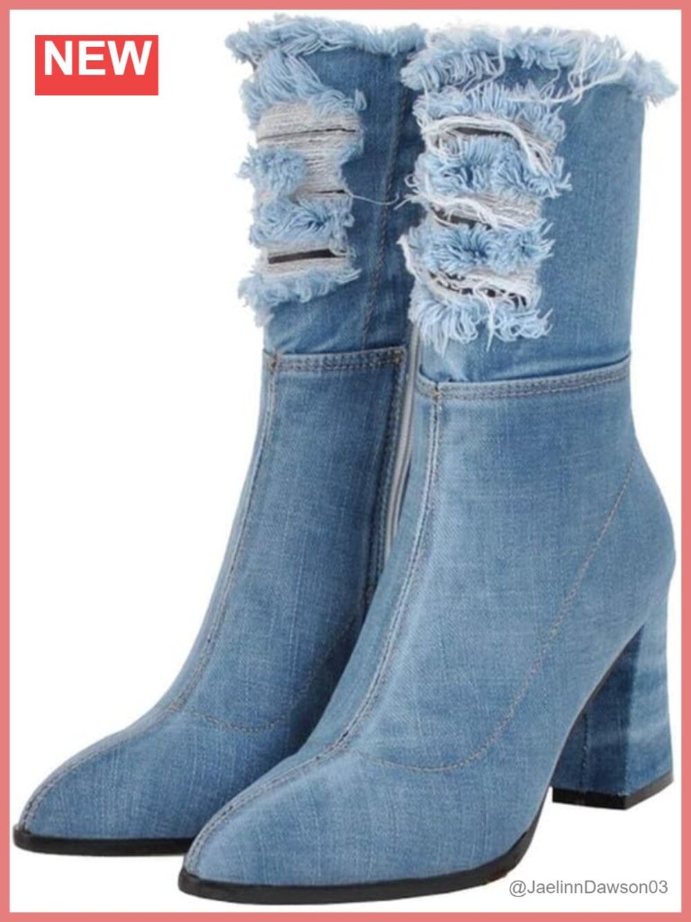 Women's Denim Ankle Boots Pointed Toe Chunky High Heel with Side Zipper